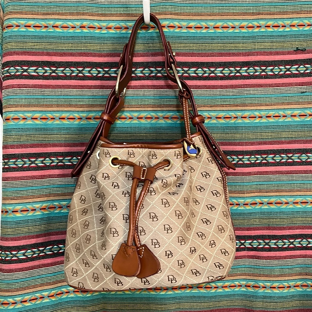 Dooney & Bourke Bag, Bucket Style, DC logo fabric, Tan
